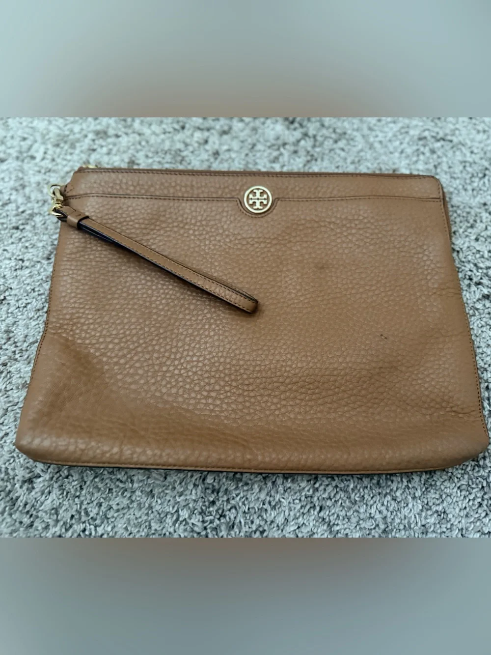 Tory Burch Pebbled Leather Wristlet/Clutch in Brown with Gold-Tone Logo